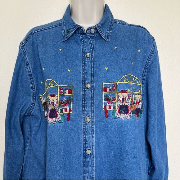 Bobbie Brooks Christmas Holiday Embroidered Denim Button Front Shirt Women Large - Picture 3 of 12